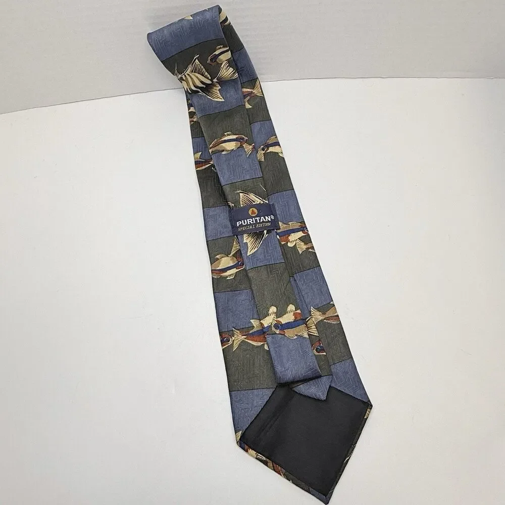 Puritan Special Edition Blue Green Brown Fish Print Polyester Neck Tie